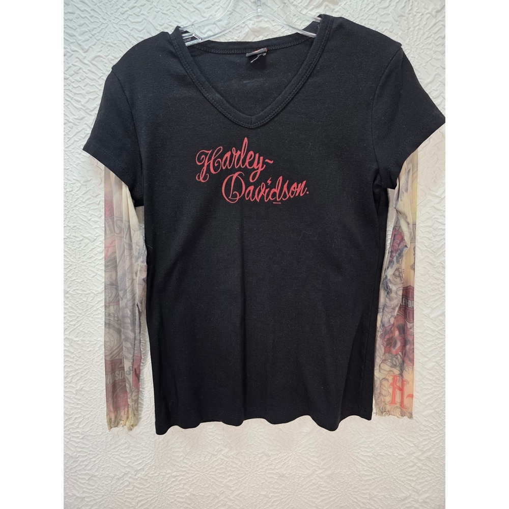 Harley Davidson Tattoo Sleeve Shirt Women Small Black Good Mesh Graphic Tee Y2K